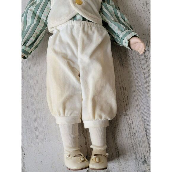 Marian Yu porcelain doll boy white feather hat stripe bow collectible - Picture 2 of 13